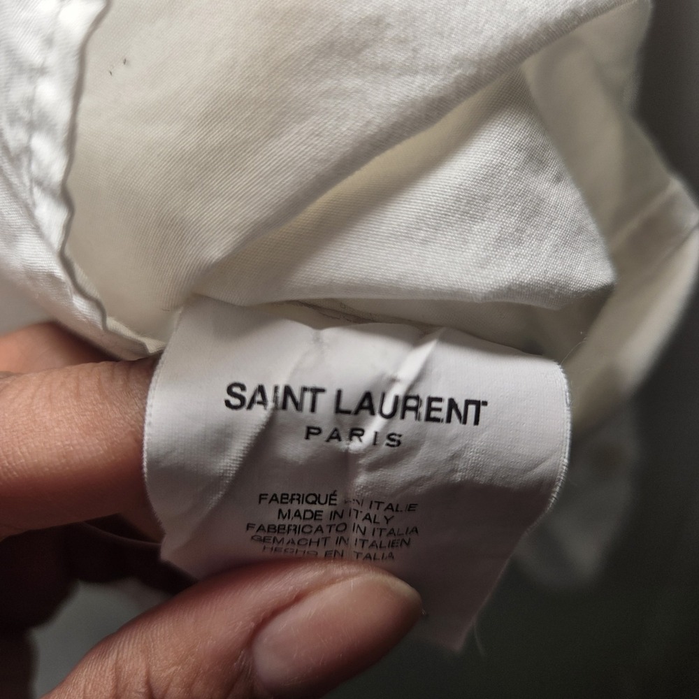Saint Laurent Paris White Cotton Button Up Shirt Black Tie Neck Italy Designer - Picture 5 of 15